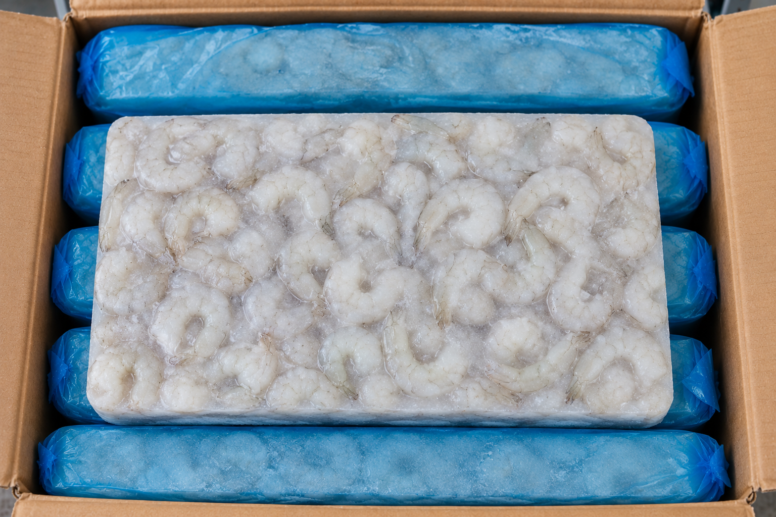 Frozen peeled vannamei shrimp block packed in blue plastic for export
